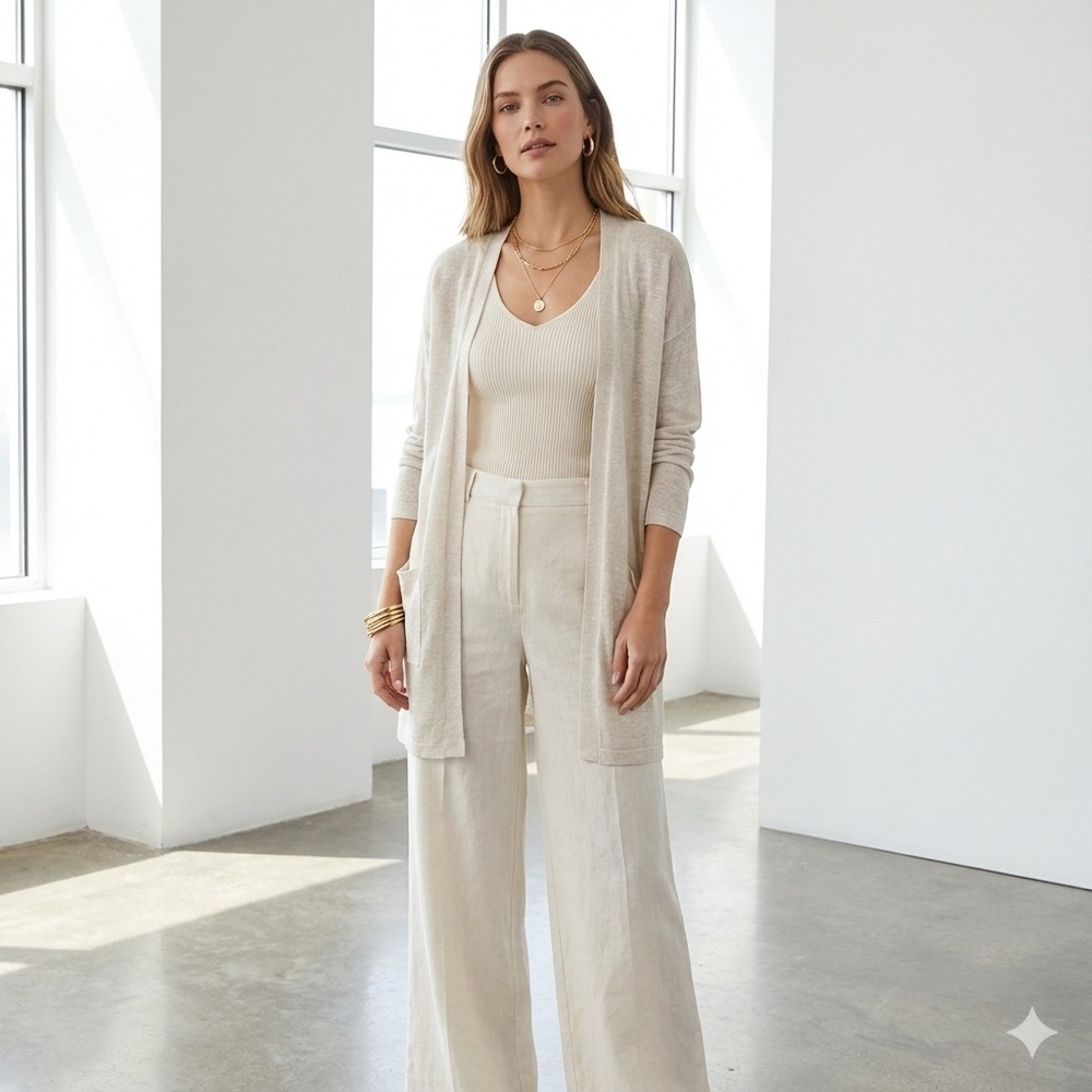 Eileen Fisher Cream Linen Open Front Cardigan - Small